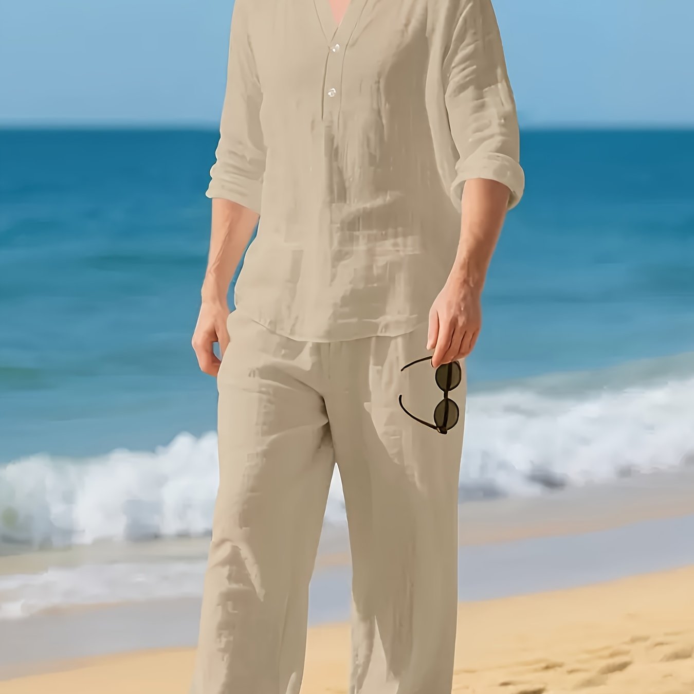 Men's Two Piece Set Linen Henley Relaxed Pants Casual Wear