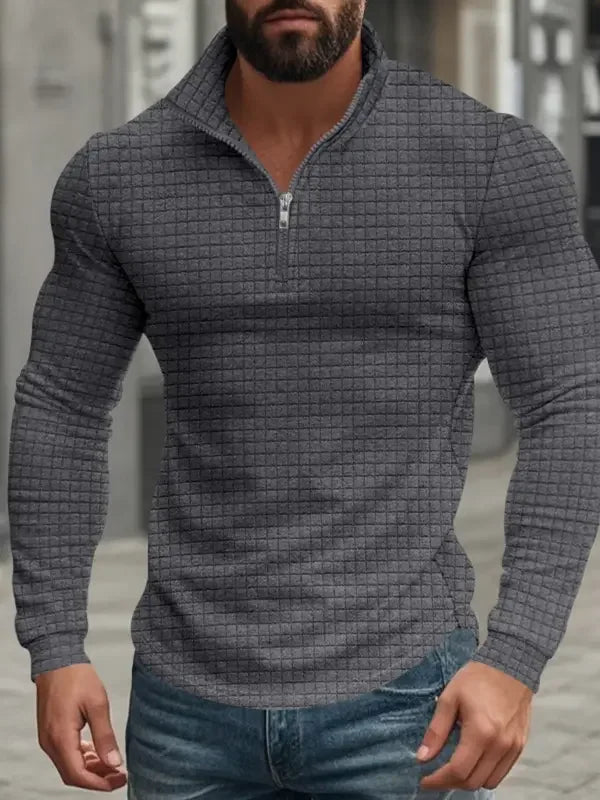 Men's Quarter Zip Pullover Ribbed Textured Stand Collar Long Sleeve