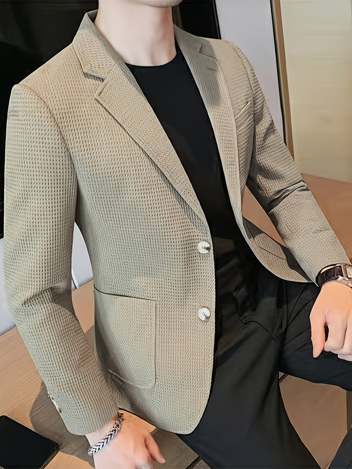 Men's Waffle Knit Blazer Textured Lapel Collar Slim Fit Smart Jacket