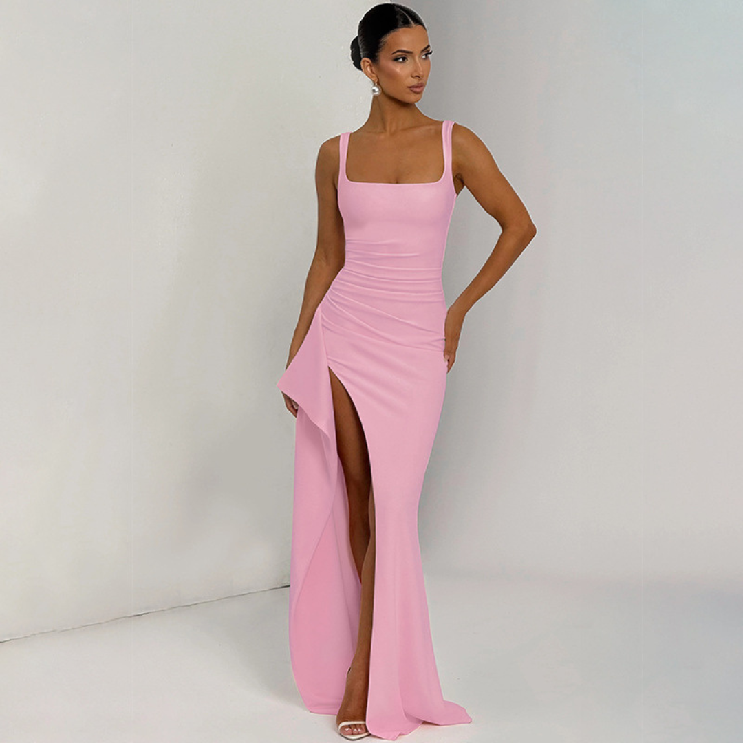 Maxi Dress Women Sleeveless Ruched Slit Formal Evening Dress