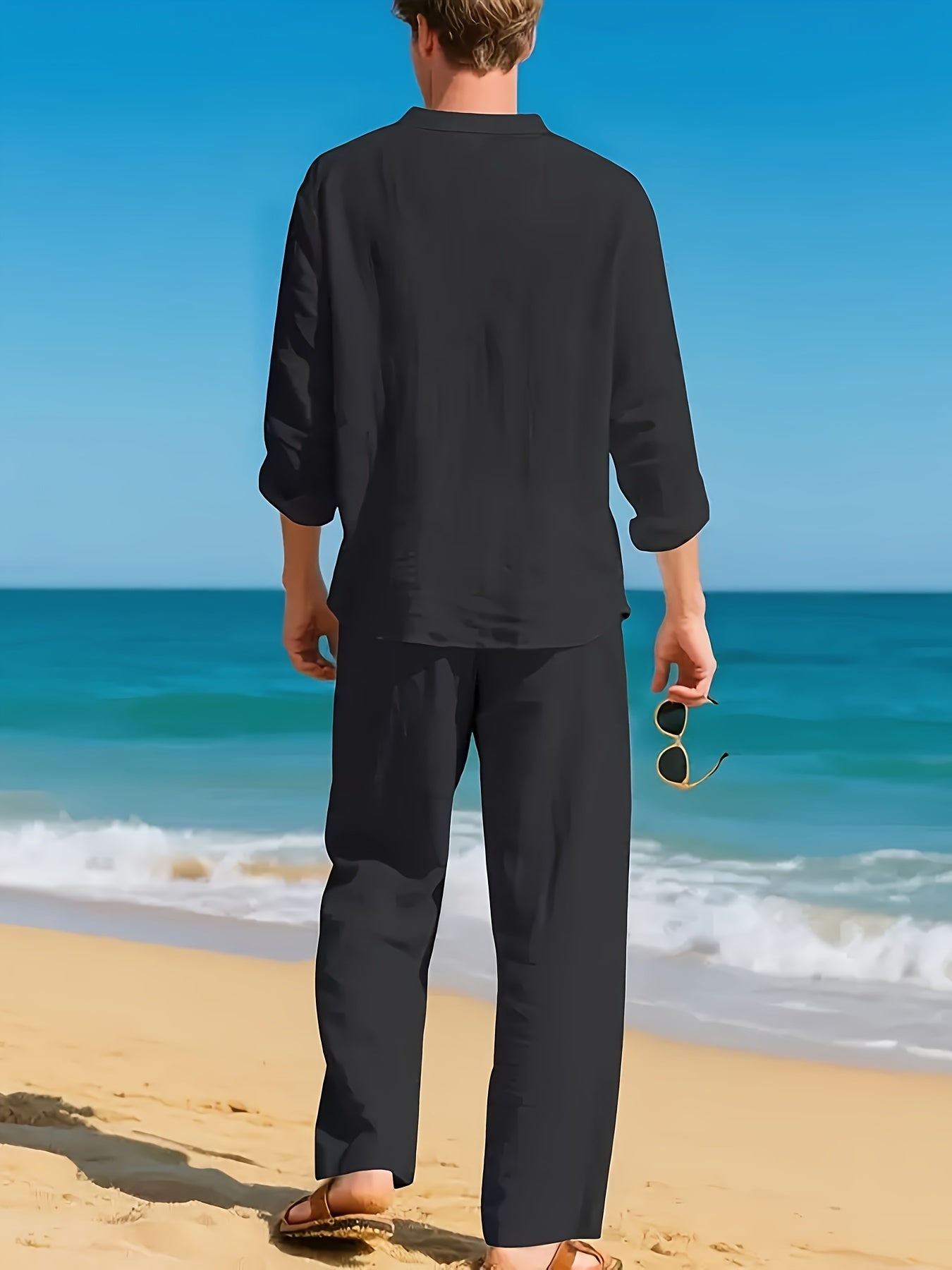Men's Two Piece Set Linen Henley Relaxed Pants Casual Wear