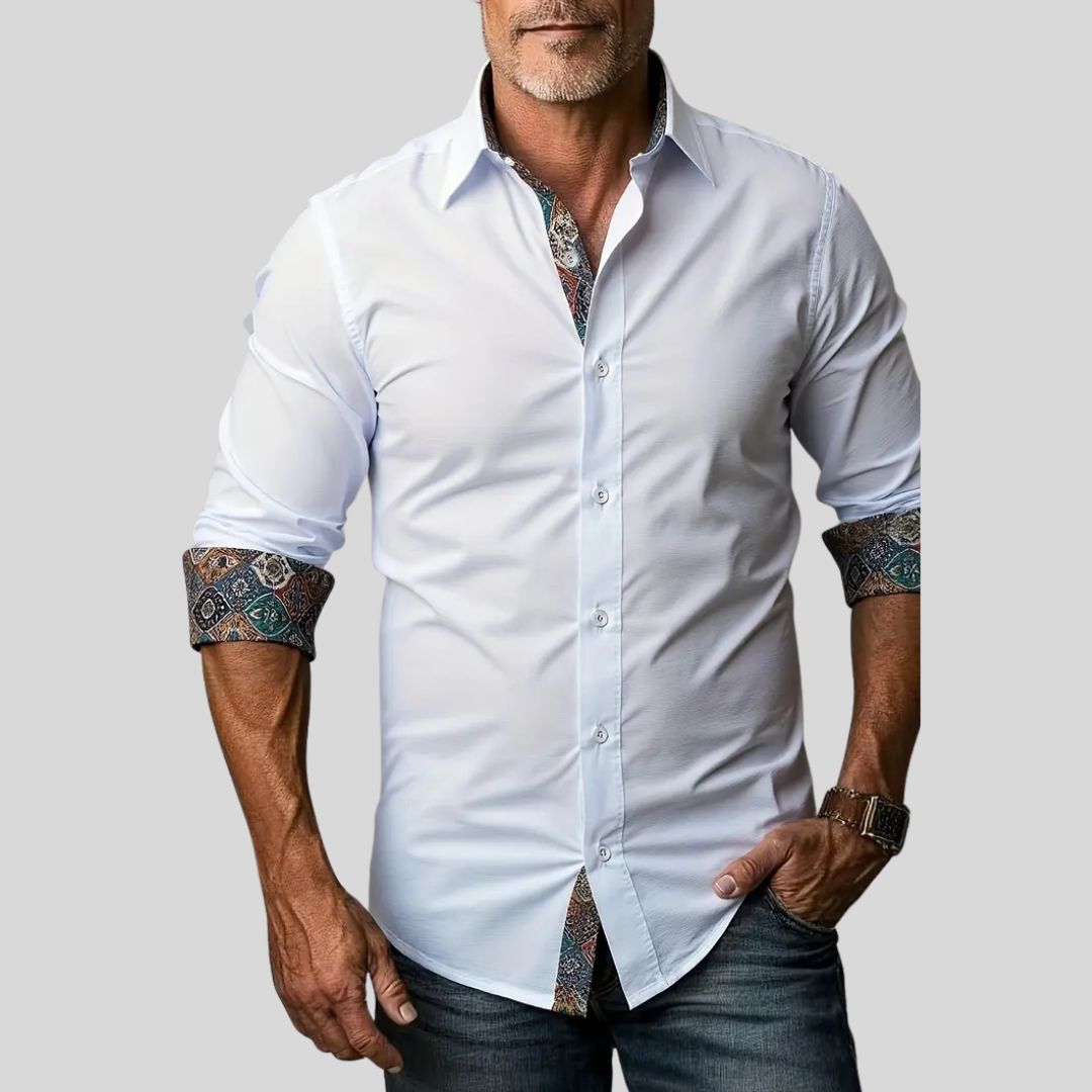 Menâs Polo with Contrast Patterned Collar and Cuffs