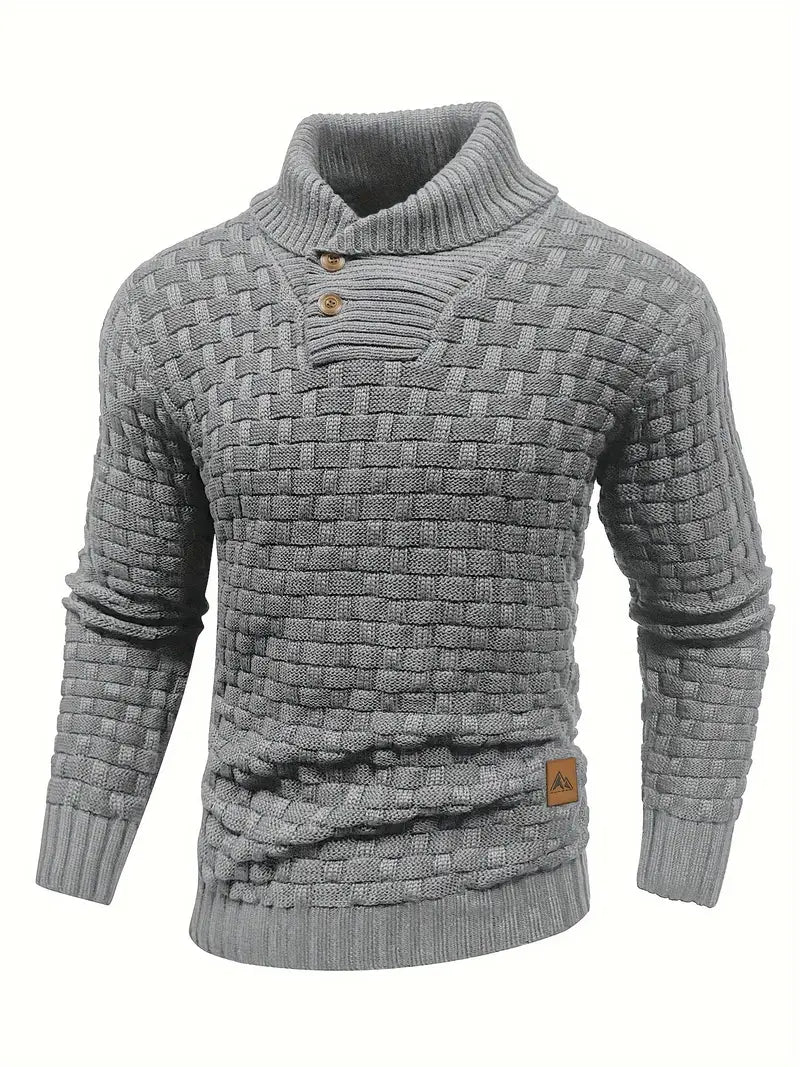 Men's Funnel Neck Jumper Textured Knit Button Placket Slim Fit