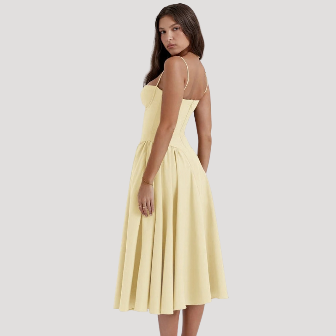 Strapless Midi Dress Women Ruched Fit and Flare Summer Dress