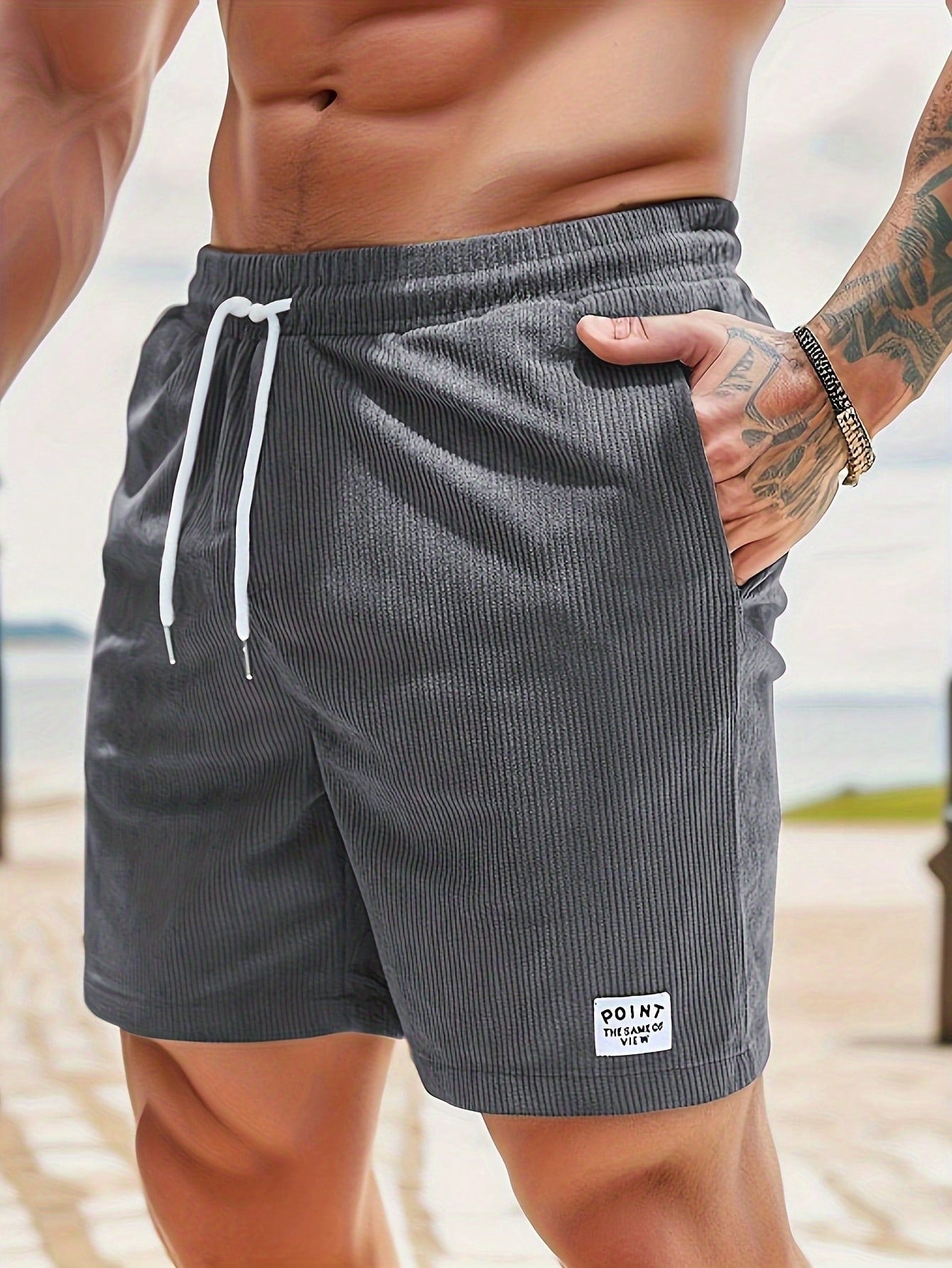 Shorts à cordon côtelés pour hommes, tissu extensible, coupe décontractée, mi-cuisse, décontracté