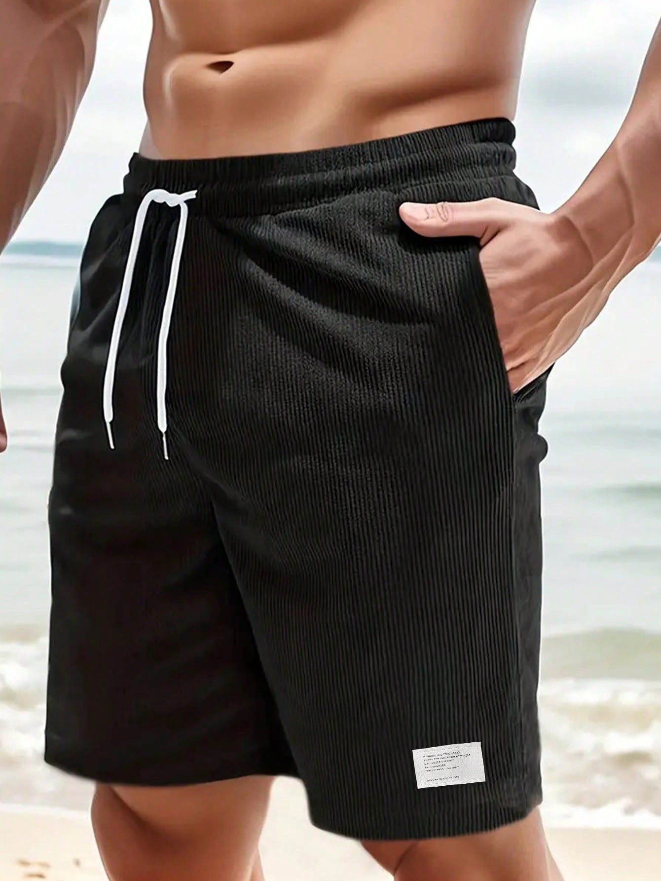 Shorts à cordon côtelés pour hommes, tissu extensible, coupe décontractée, mi-cuisse, décontracté