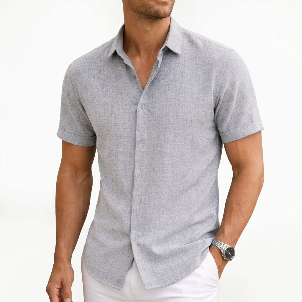 Men's Cotton Shirt Short Sleeve Spread Collar Button Down Tailored Fit