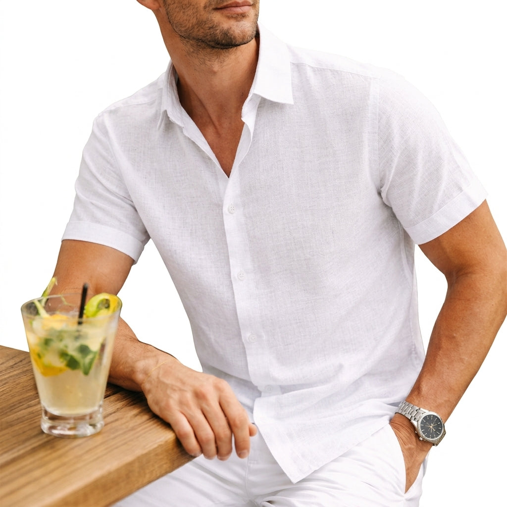 Men's Cotton Shirt Short Sleeve Spread Collar Button Down Tailored Fit