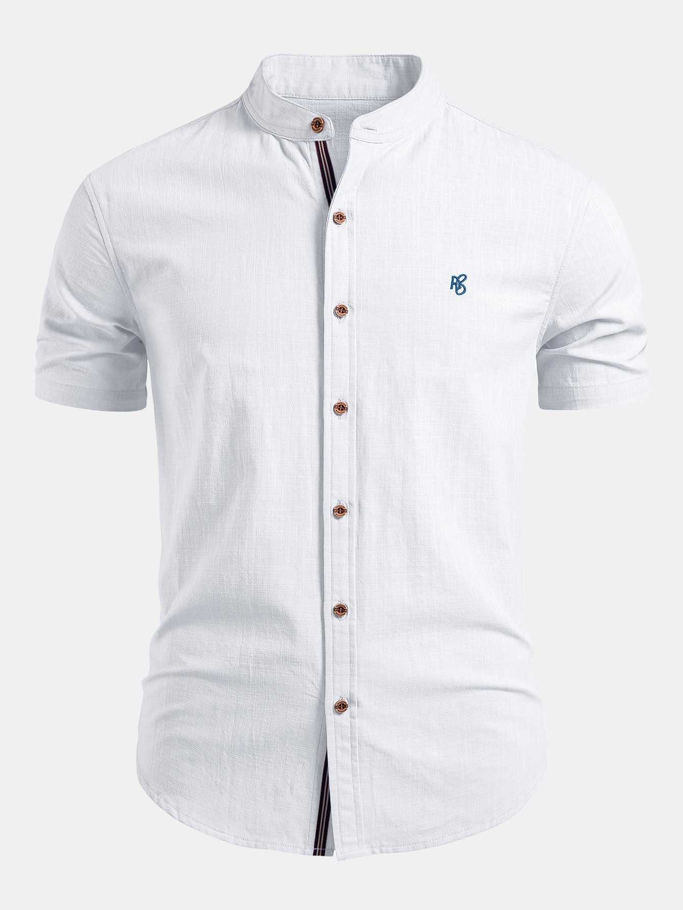 Men's Shirt Cotton Stand Collar Short Sleeve Button Front