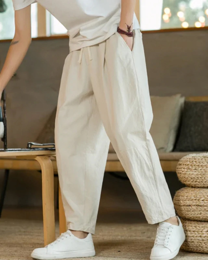Trousers Cotton Linen Wide Fit Elasticated Waist