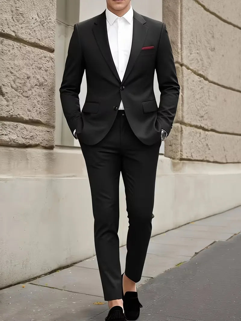 Slim Fit Suit Set Men Woven Fabric Notch Lapel Chest Pocket Straight Leg Ankle Length