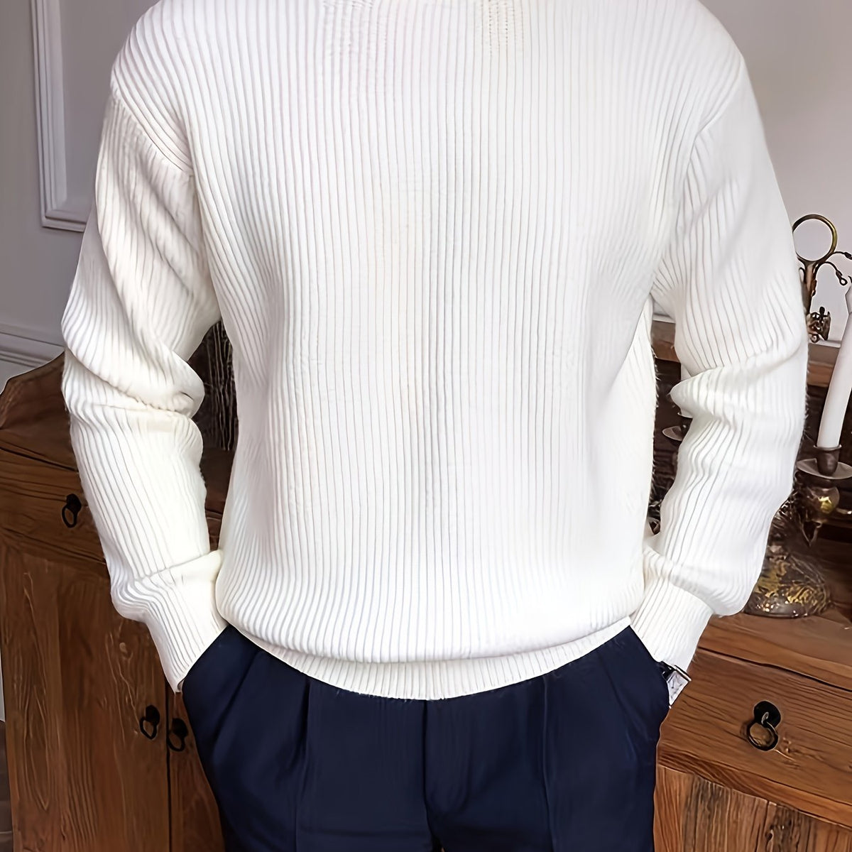 Men's Oversized Crew Neck Jumper Drop Shoulder Ribbed Knit Relaxed Fit