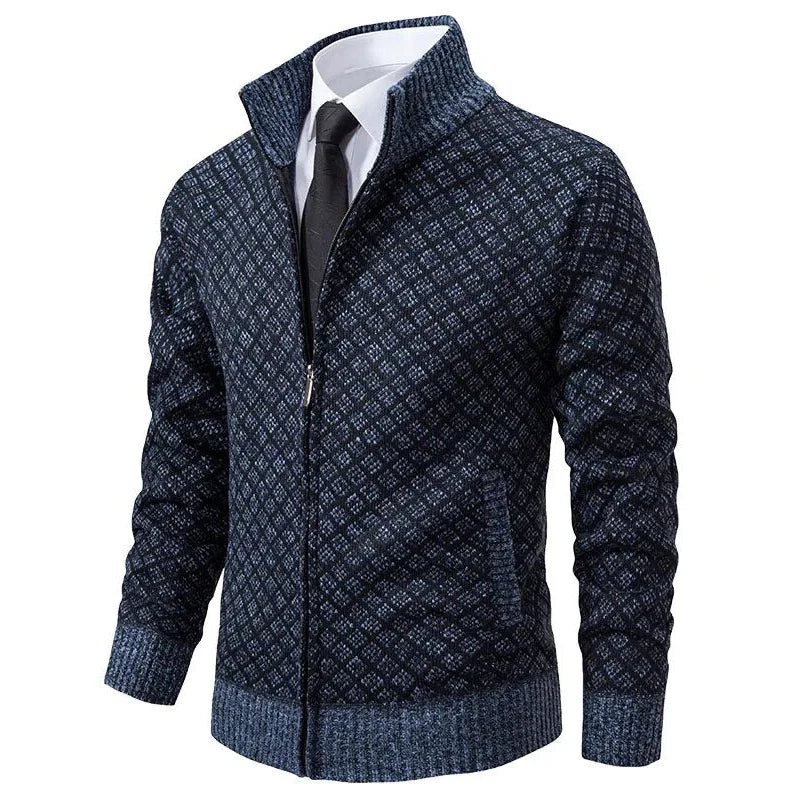 Men's Textured Zip Up Cardigan Stand Collar Slim Fit Knitted Jacket