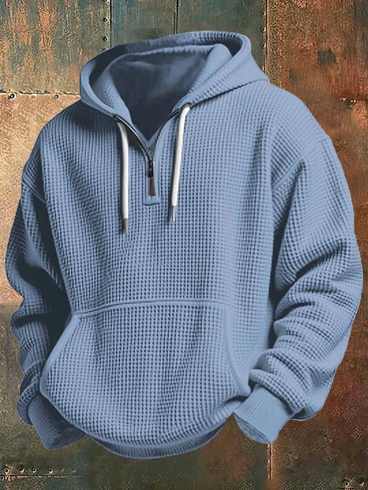 Men's Waffle Knit Quarter Zip Hoodie Kangaroo Pocket Drawstring Hood