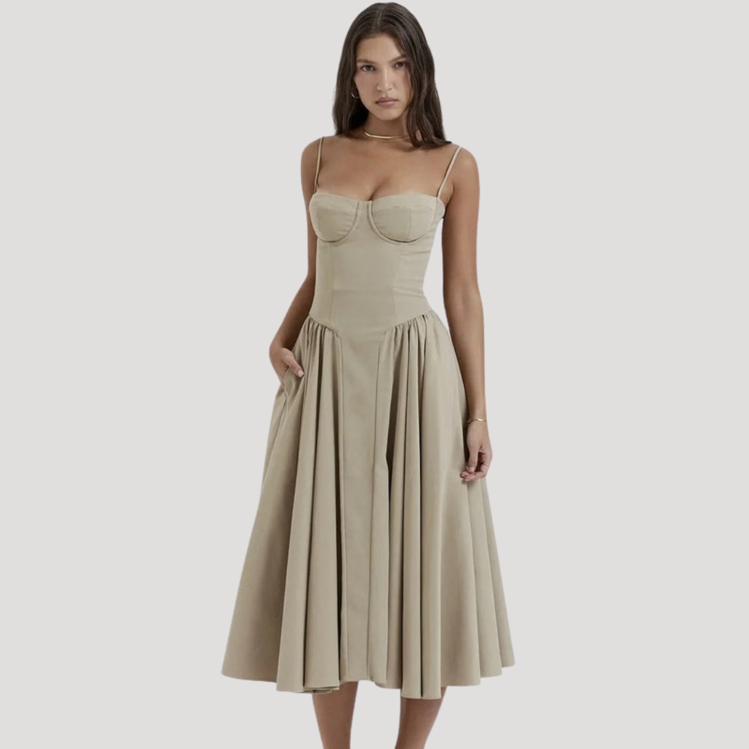 Strapless Midi Dress Women Ruched Fit and Flare Summer Dress