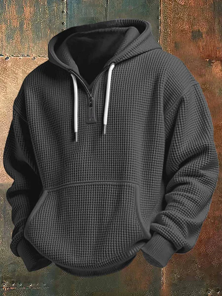 Men's Waffle Knit Quarter Zip Hoodie Kangaroo Pocket Drawstring Hood
