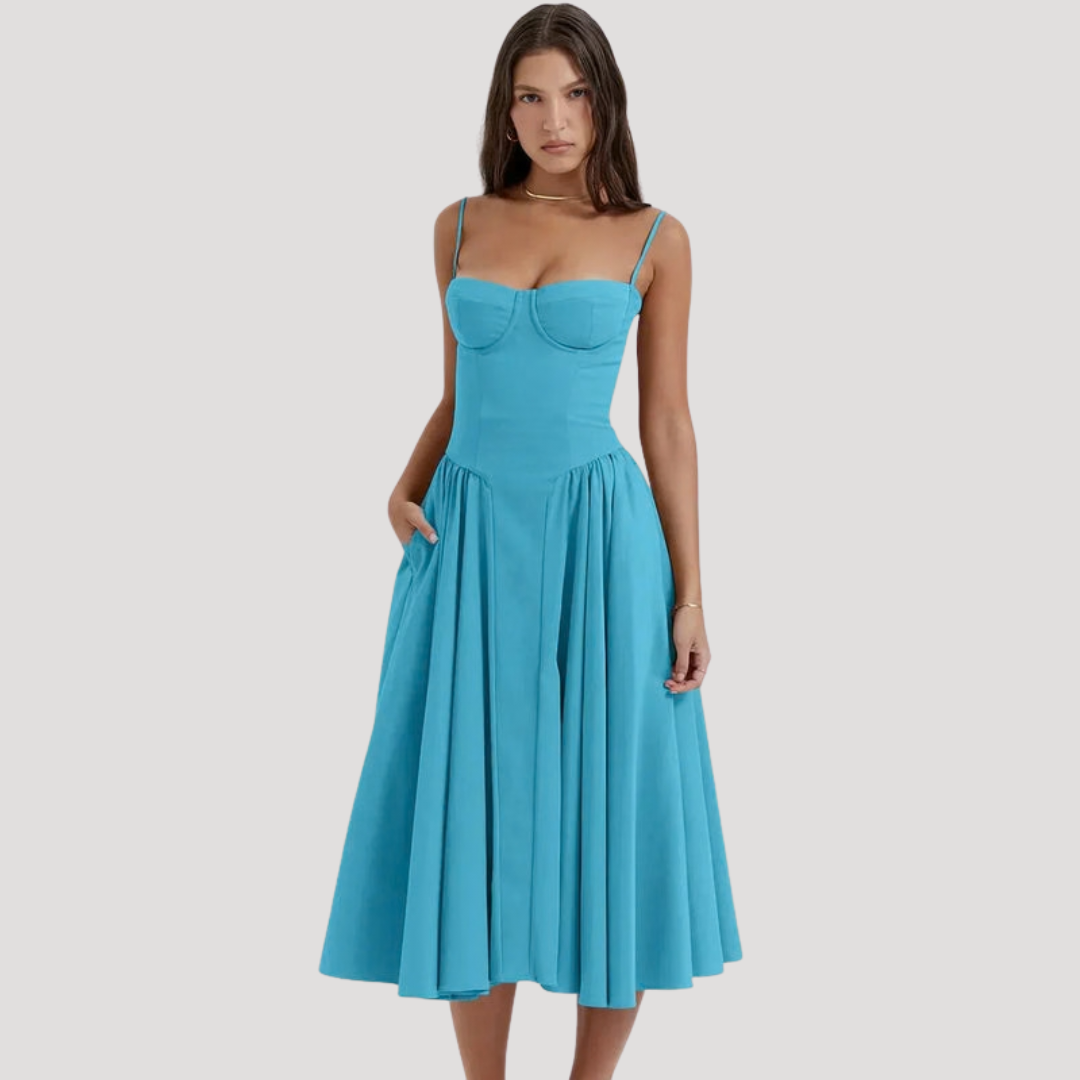 Strapless Midi Dress Women Ruched Fit and Flare Summer Dress