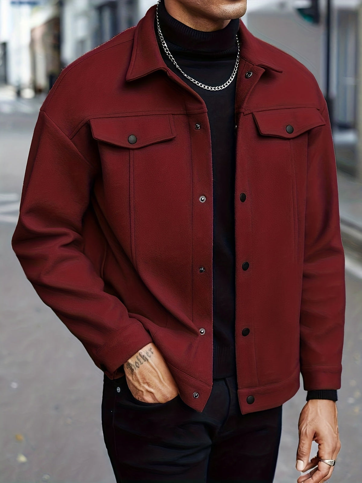 Men's Trucker Jacket Snap Button Textured Chest Pockets Slim Fit