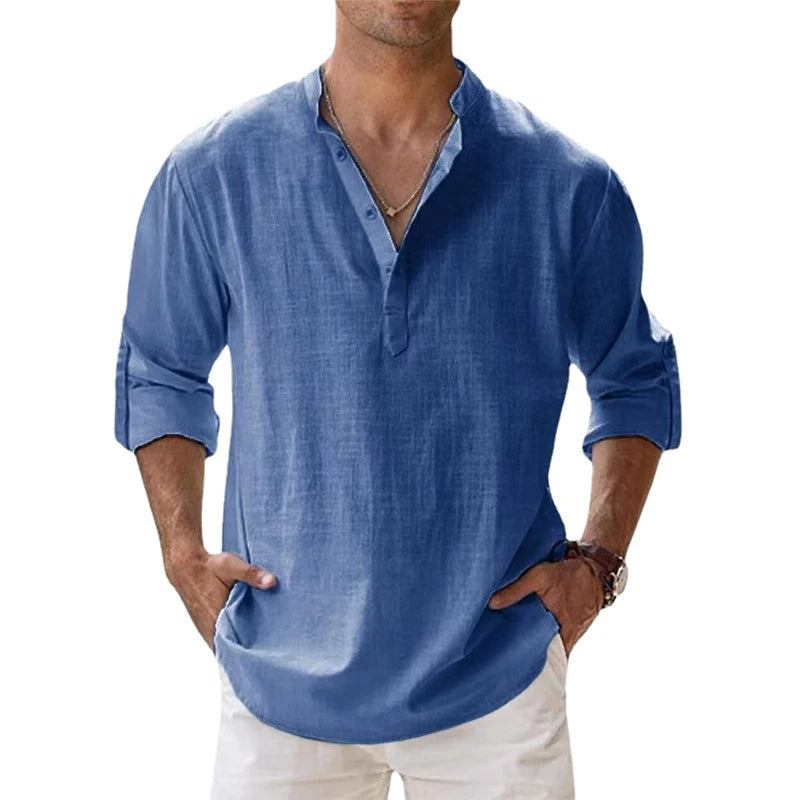 Men's Henley Linen Button Neck Long Sleeve