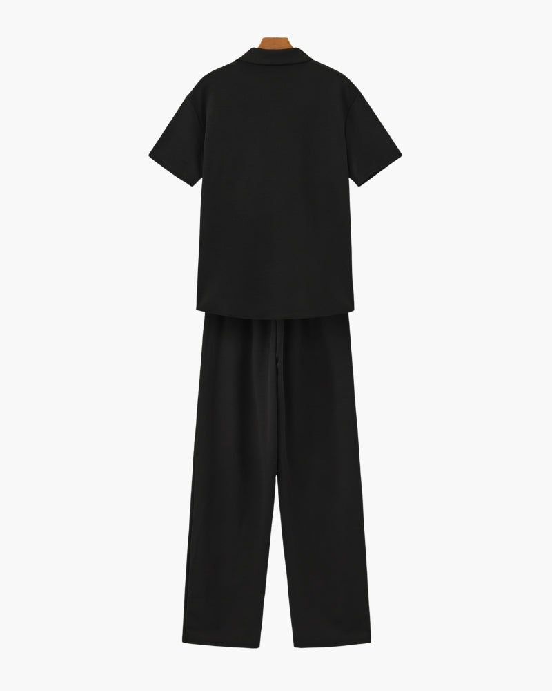 Matching Set Linen Polo Shirt Wide Leg Trouser