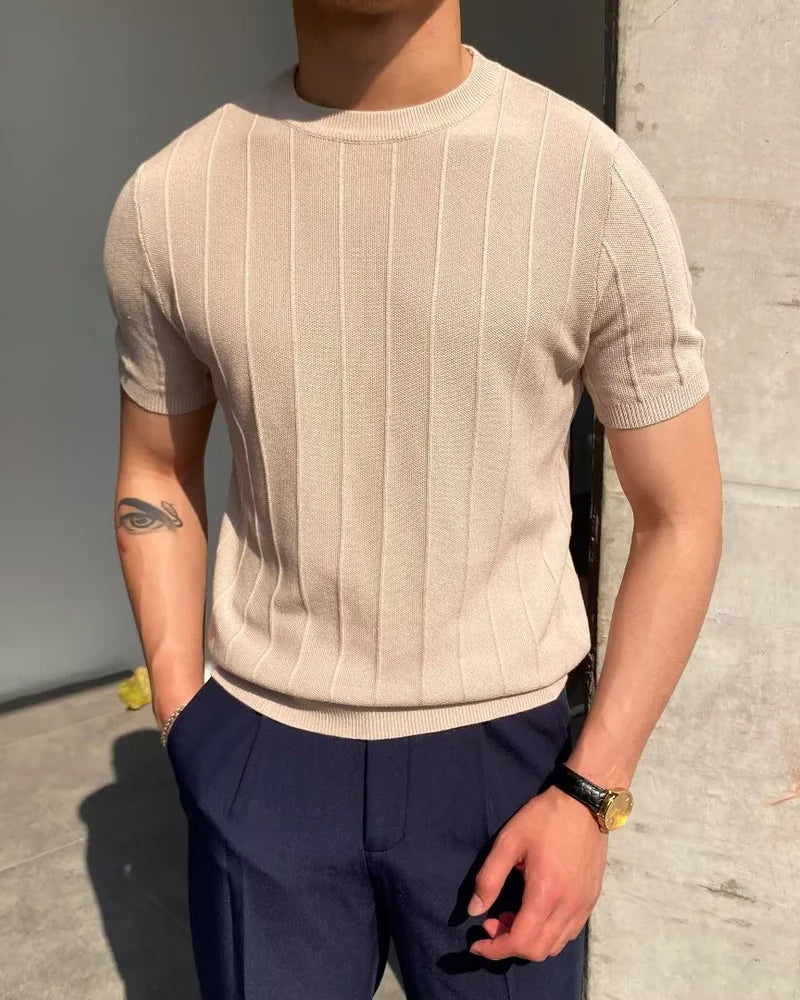 T Shirt Linen Cotton Ribbed Crew Neck