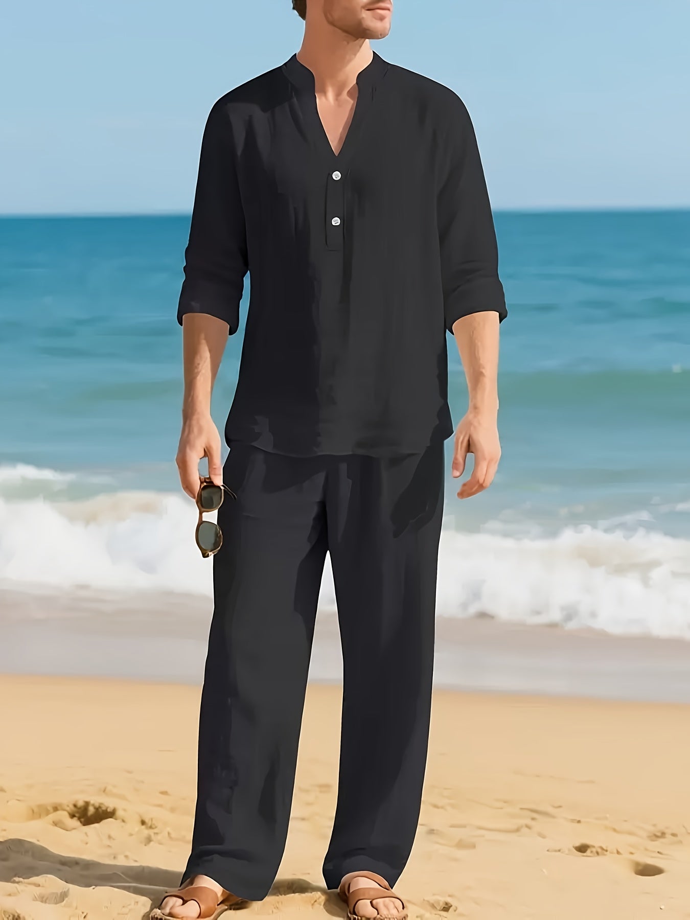 Men's Two Piece Set Linen Henley Relaxed Pants Casual Wear