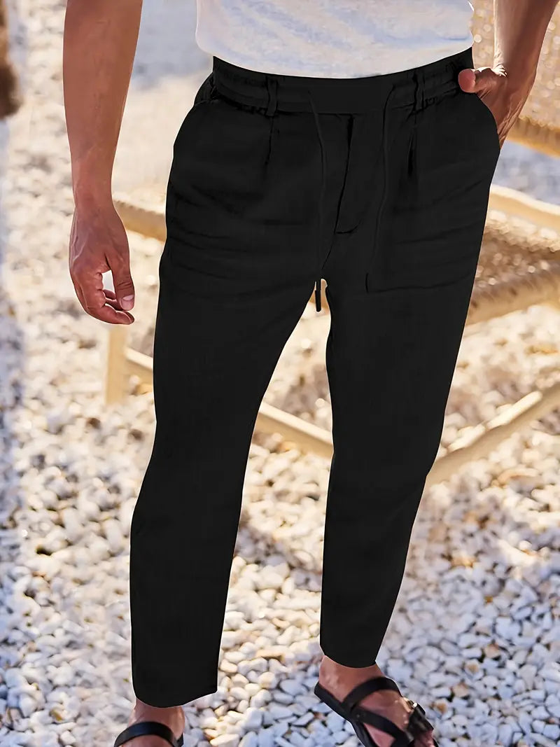 Trousers Linen Straight Fit Elasticated Drawstring Waist