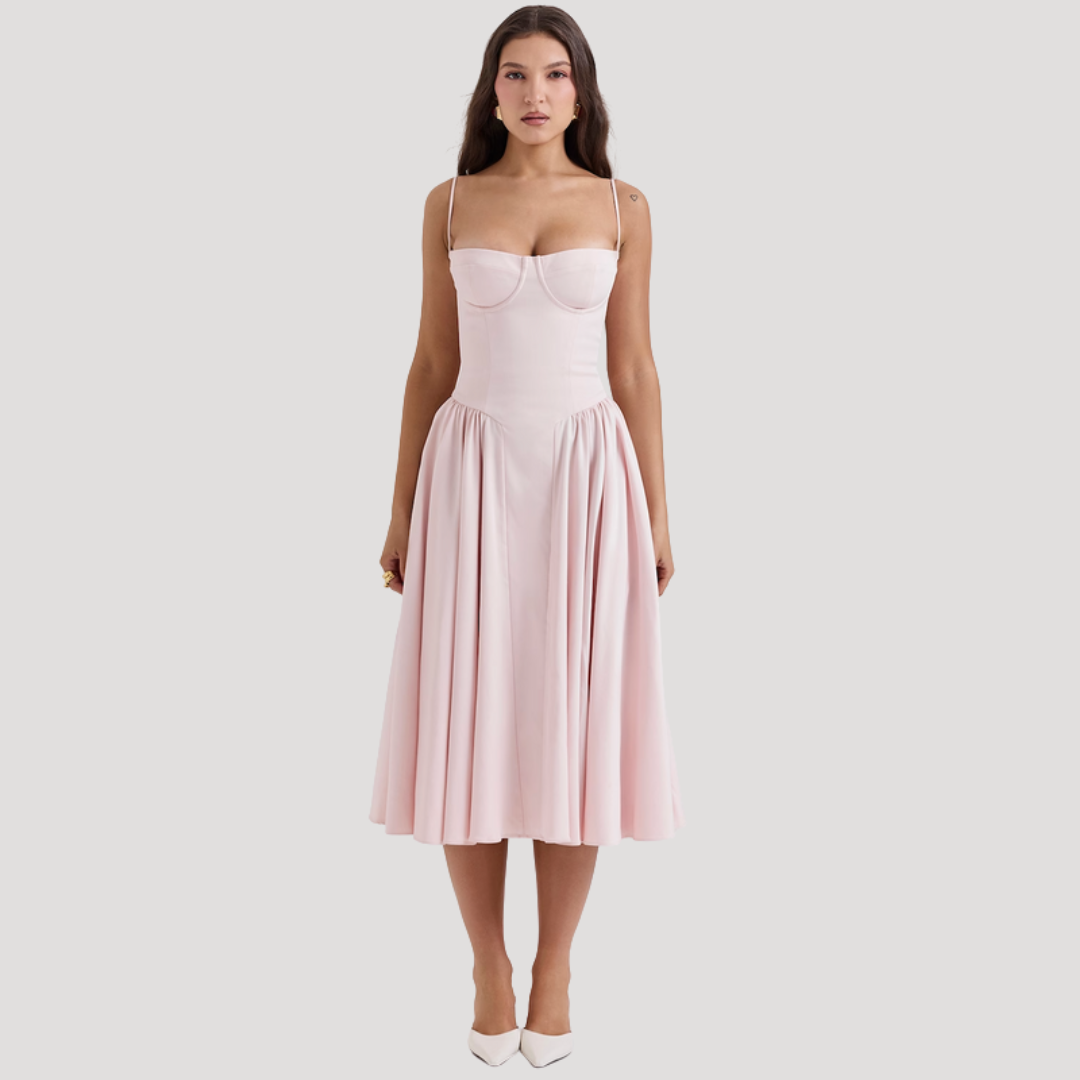 Strapless Midi Dress Women Ruched Fit and Flare Summer Dress