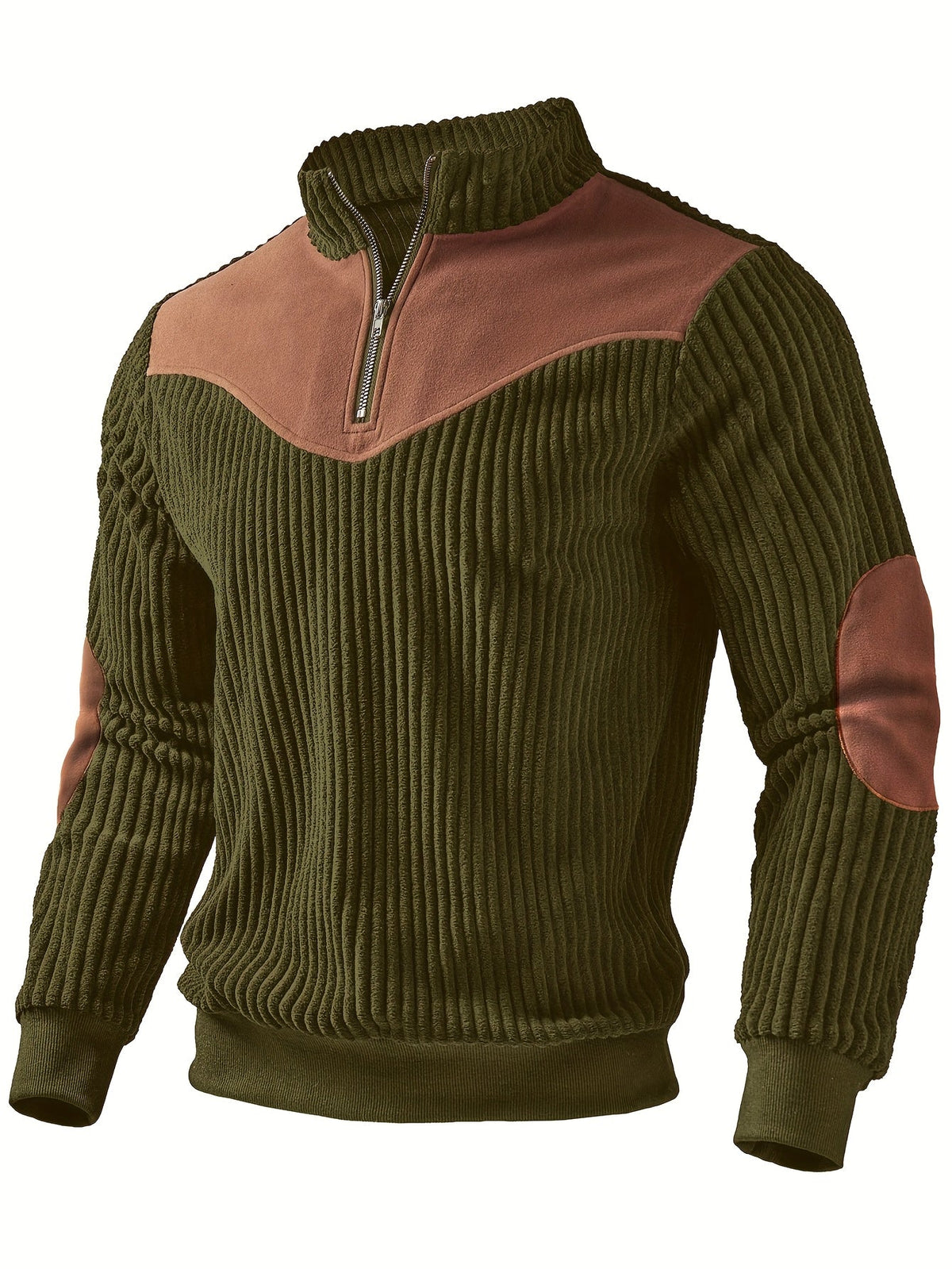 Men's Ribbed Half Zip Jumper Stand Collar Contrast Shoulder Patches