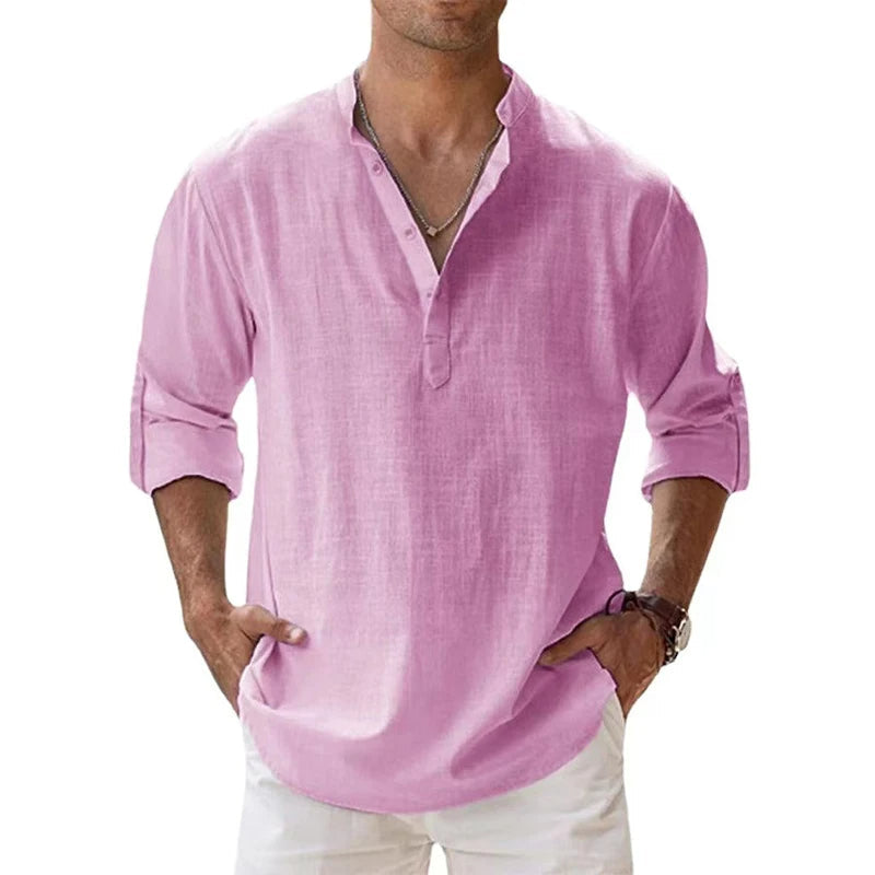 Men's Henley Linen Button Neck Long Sleeve