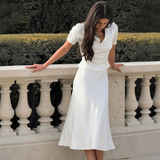 Women’s Satin Two-Piece Skirt Set with Button-Front Top