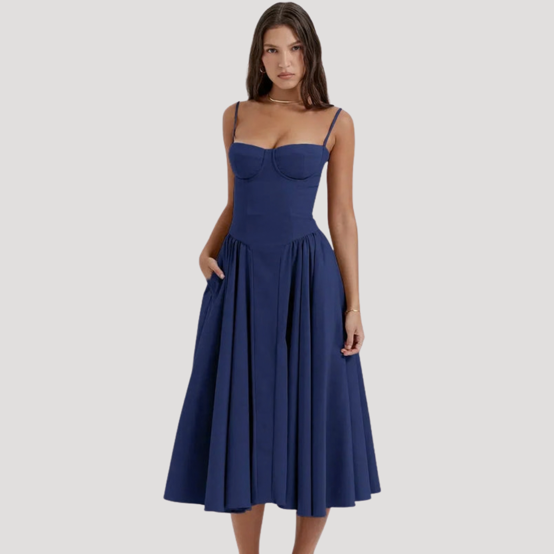 Strapless Midi Dress Women Ruched Fit and Flare Summer Dress