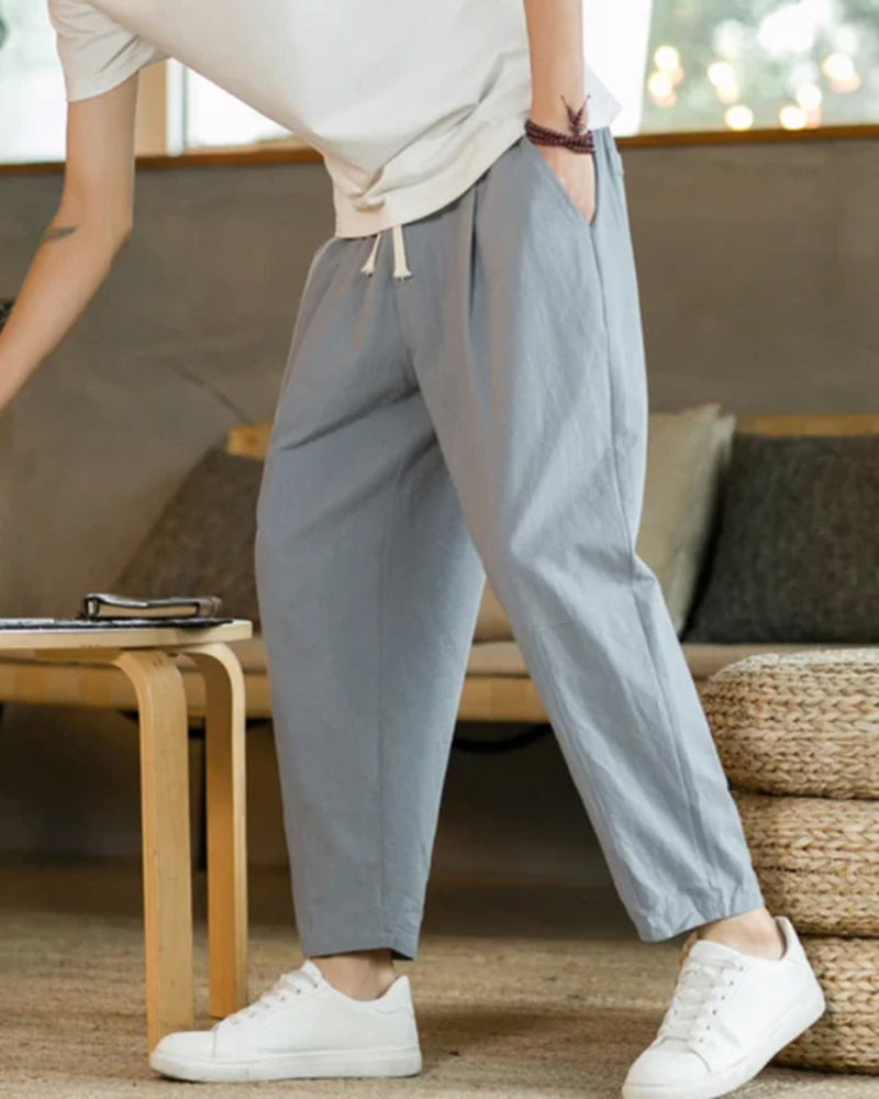 Trousers Cotton Linen Wide Fit Elasticated Waist