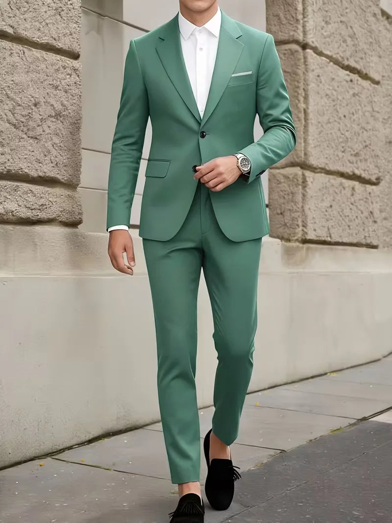 Slim Fit Suit Set Men Woven Fabric Notch Lapel Chest Pocket Straight Leg Ankle Length