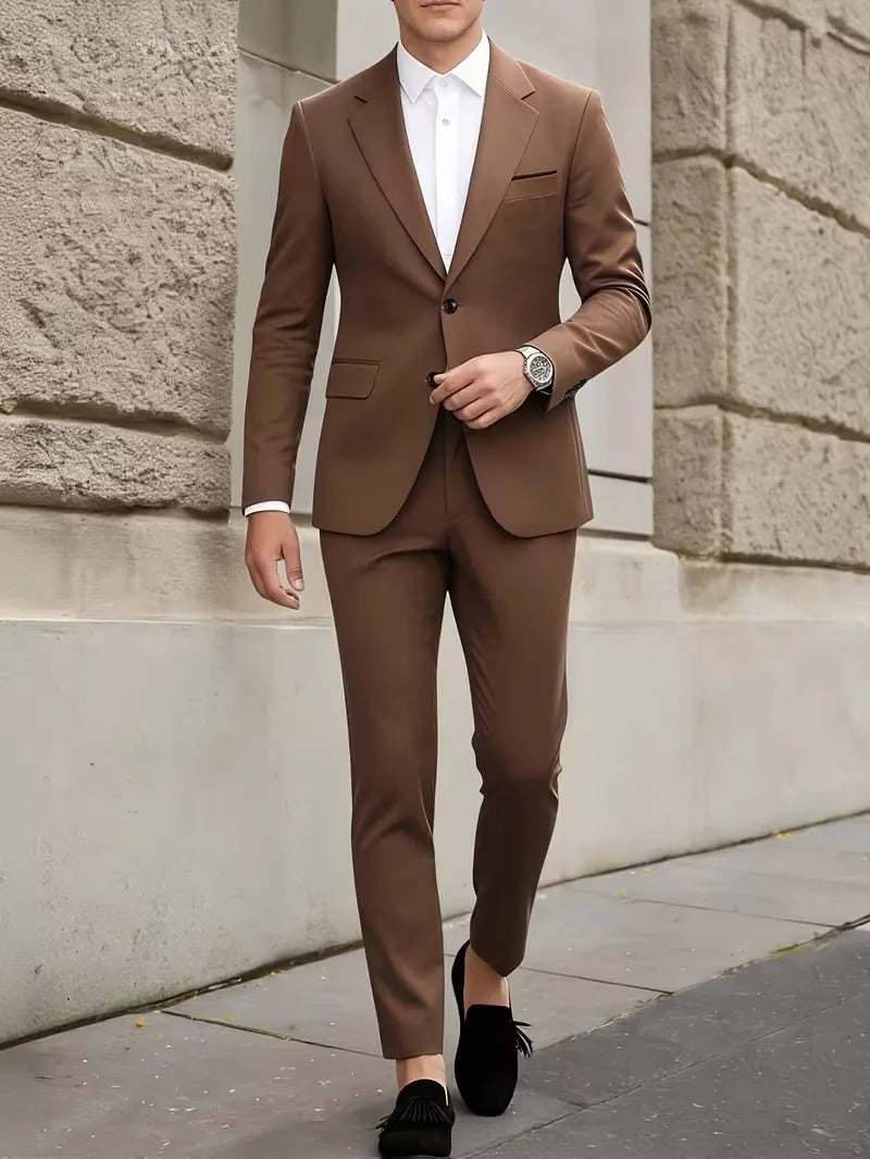 Slim Fit Suit Set Men Woven Fabric Notch Lapel Chest Pocket Straight Leg Ankle Length