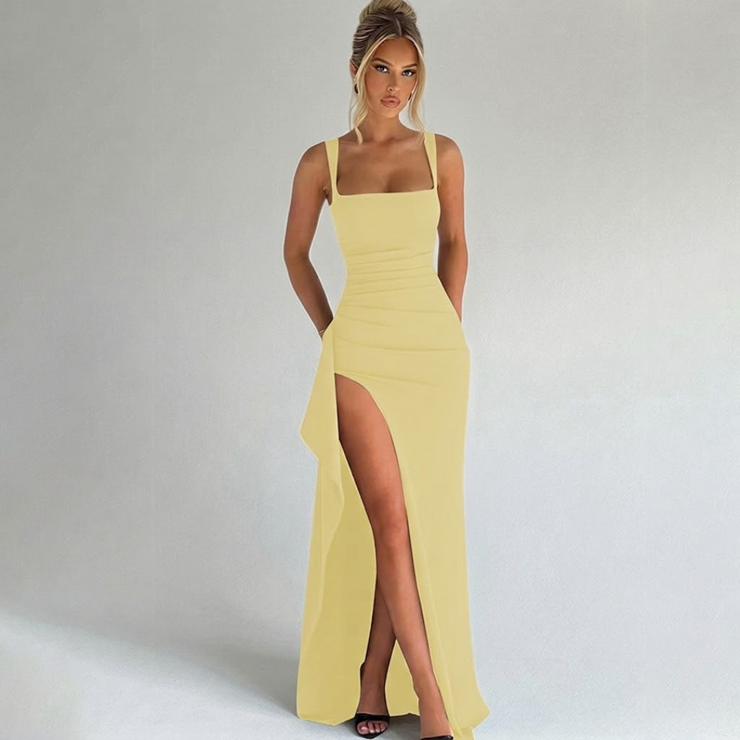 Maxi Dress Women Sleeveless Ruched Slit Formal Evening Dress
