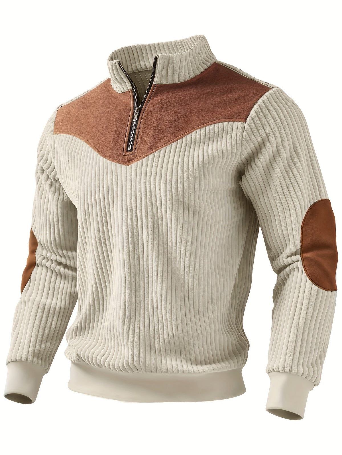 Men's Ribbed Half Zip Jumper Stand Collar Contrast Shoulder Patches