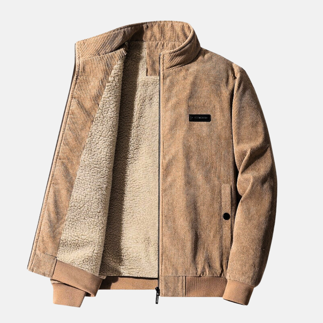 Men's Corduroy-Look Jacket Stand Collar Full Zip Lined Retro Style