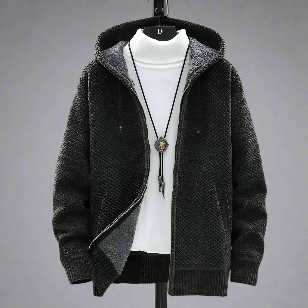 Men's Zip-Up Knitted Hoodie with Fleece-Lined Hood