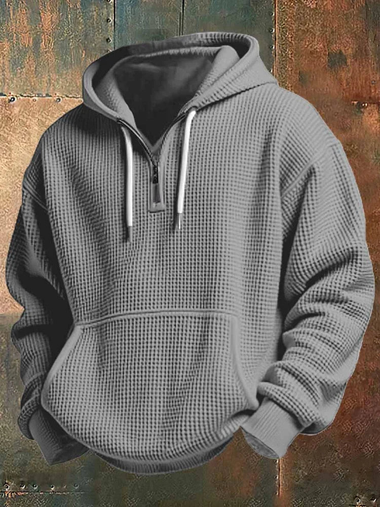 Men's Waffle Knit Quarter Zip Hoodie Kangaroo Pocket Drawstring Hood