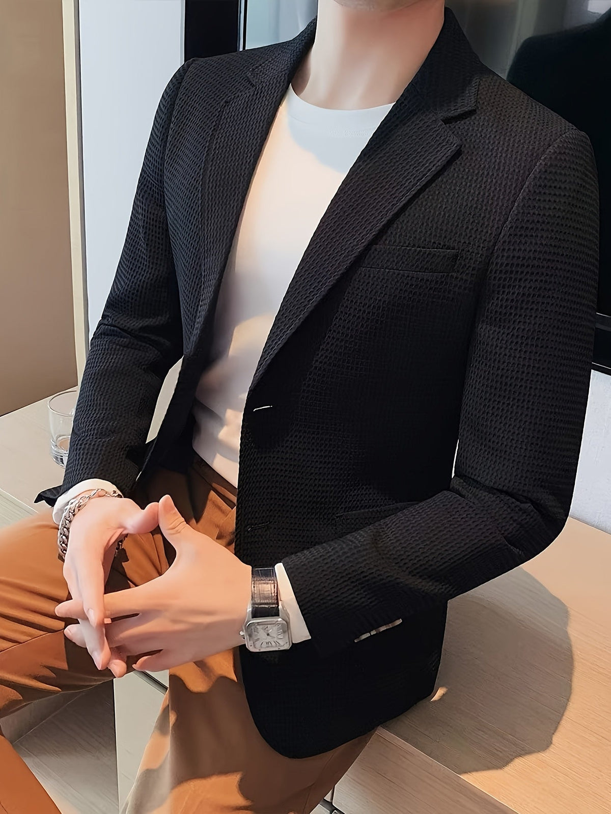 Men's Waffle Knit Blazer Textured Lapel Collar Slim Fit Smart Jacket