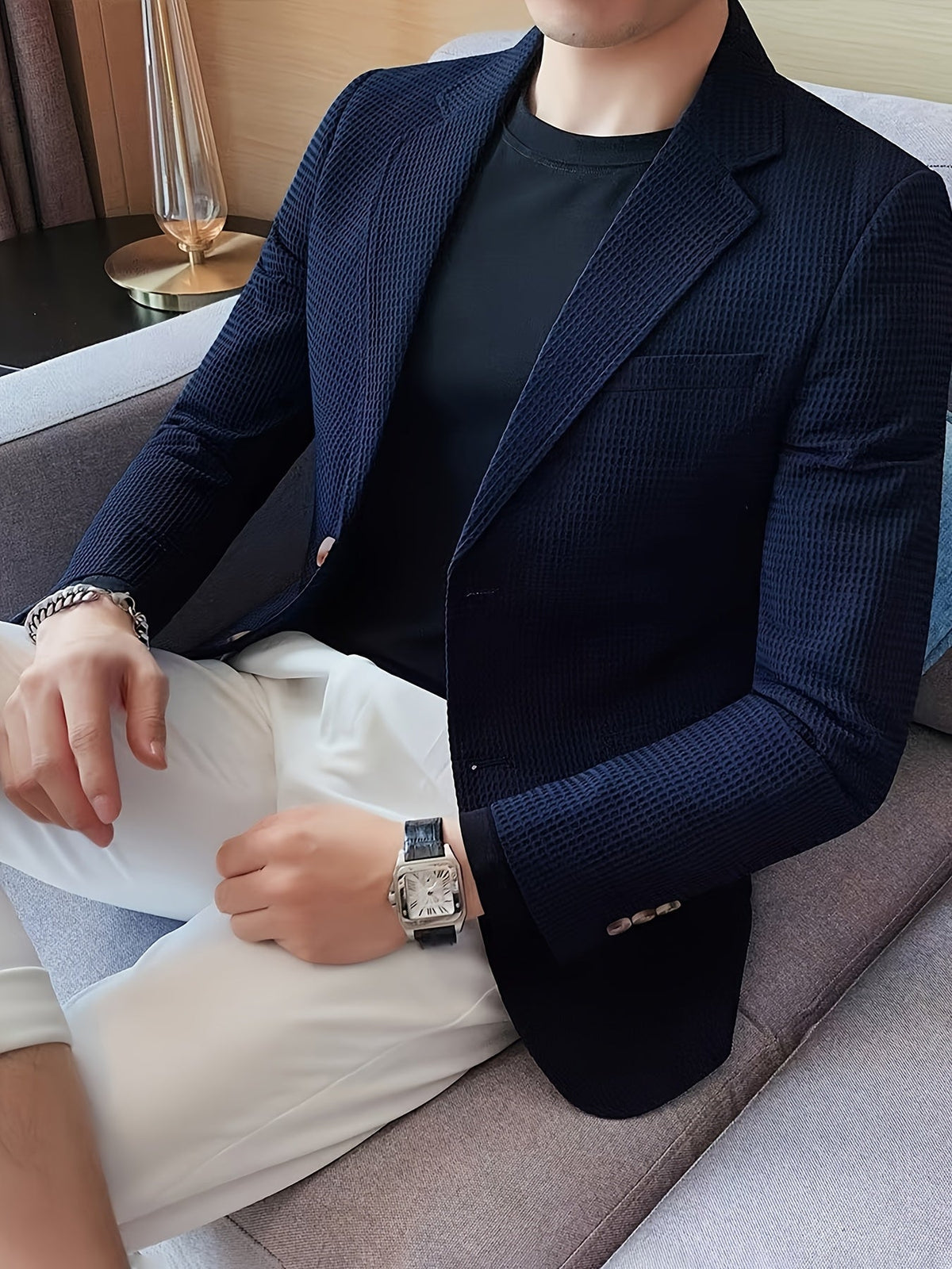 Men's Waffle Knit Blazer Textured Lapel Collar Slim Fit Smart Jacket