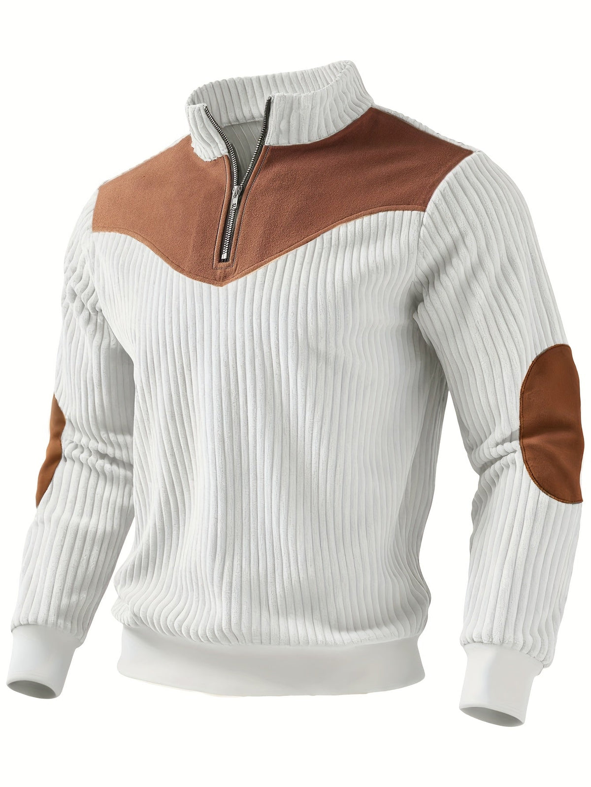 Men's Ribbed Half Zip Jumper Stand Collar Contrast Shoulder Patches
