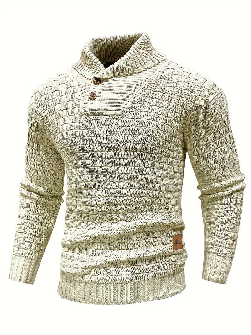 Men's Shawl Collar Jumper Textured Knit Button Neck Ribbed Cuffs