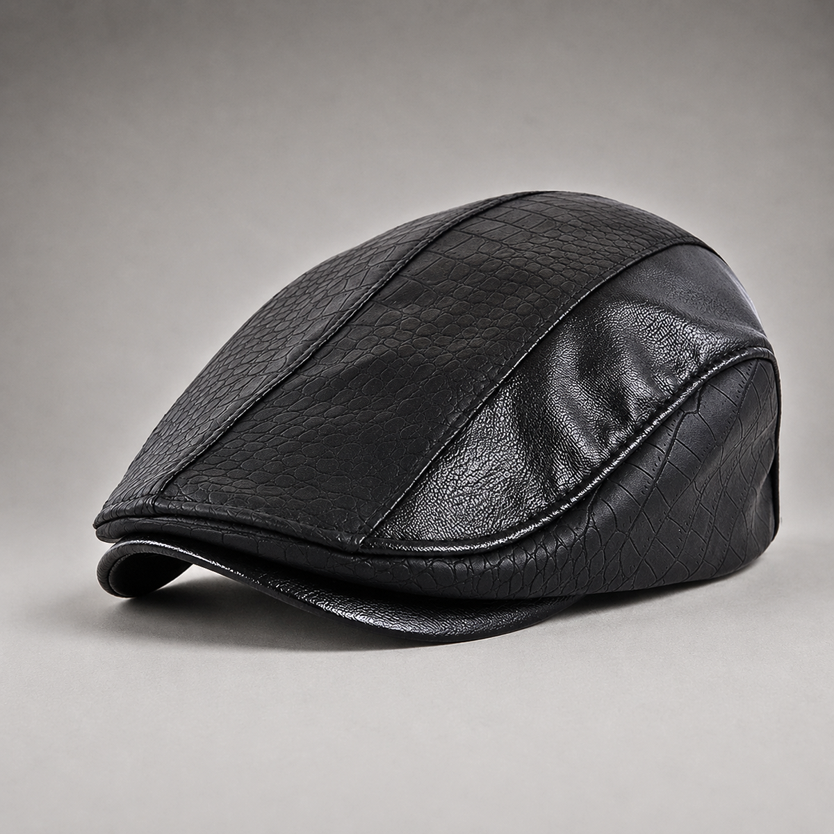 Men's Leather Flat Cap Textured Panels Adjustable Driving Cap