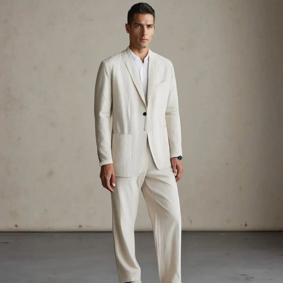 Linen Blend Suit Set Men Linen Blend Notch Lapel Relaxed Fit Elasticated Waist Trouser