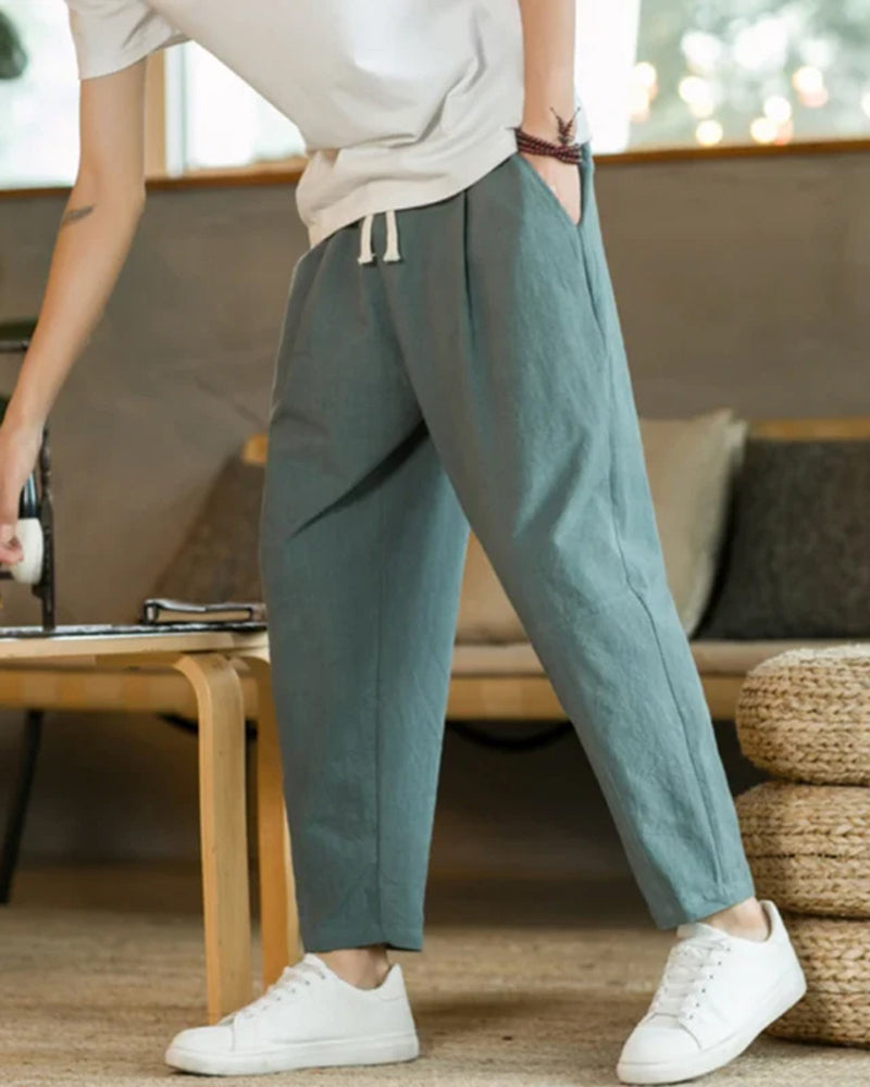Trousers Cotton Linen Wide Fit Elasticated Waist