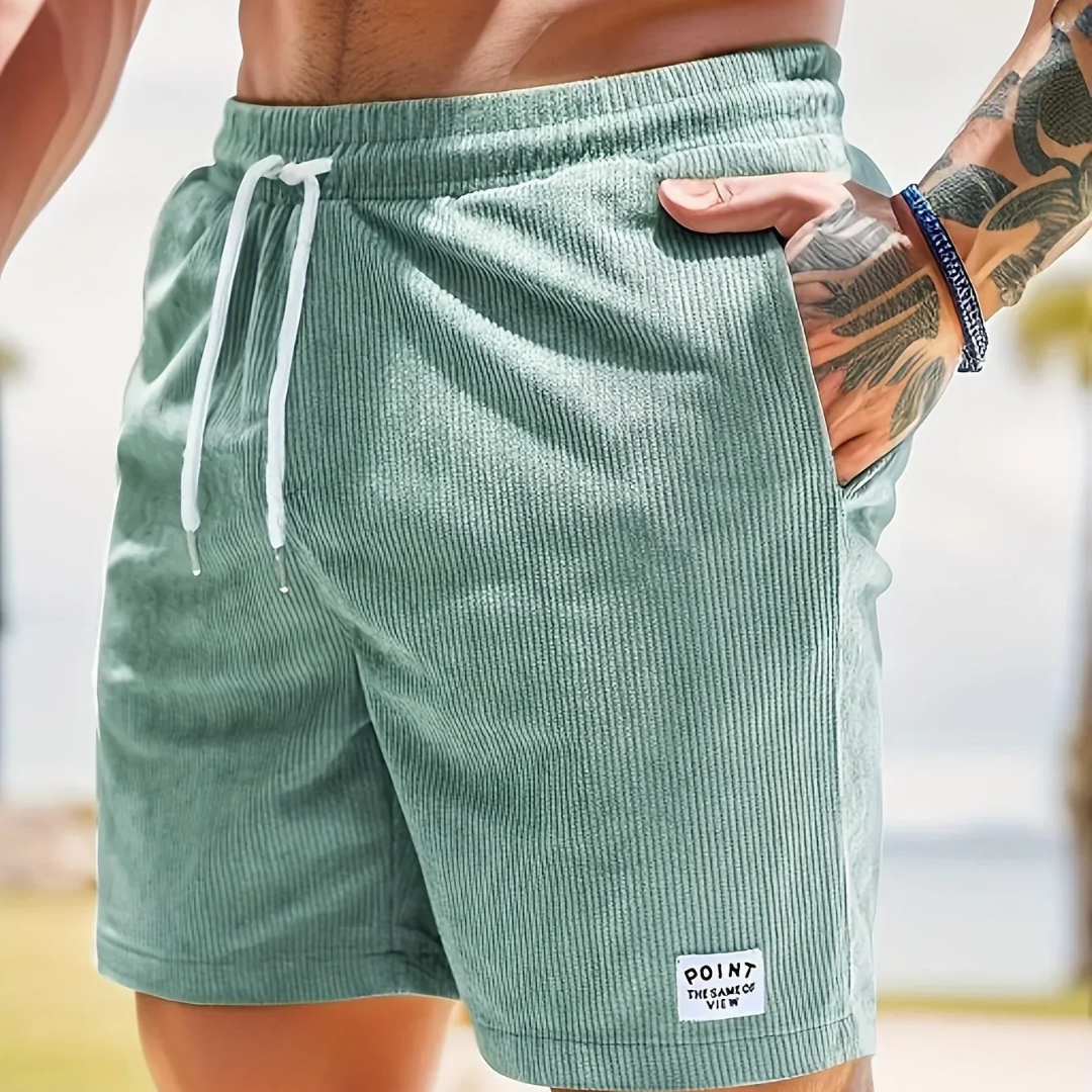 Shorts à cordon côtelés pour hommes en mélange de coton, coupe décontractée, mi-cuisse, poche avant, décontracté