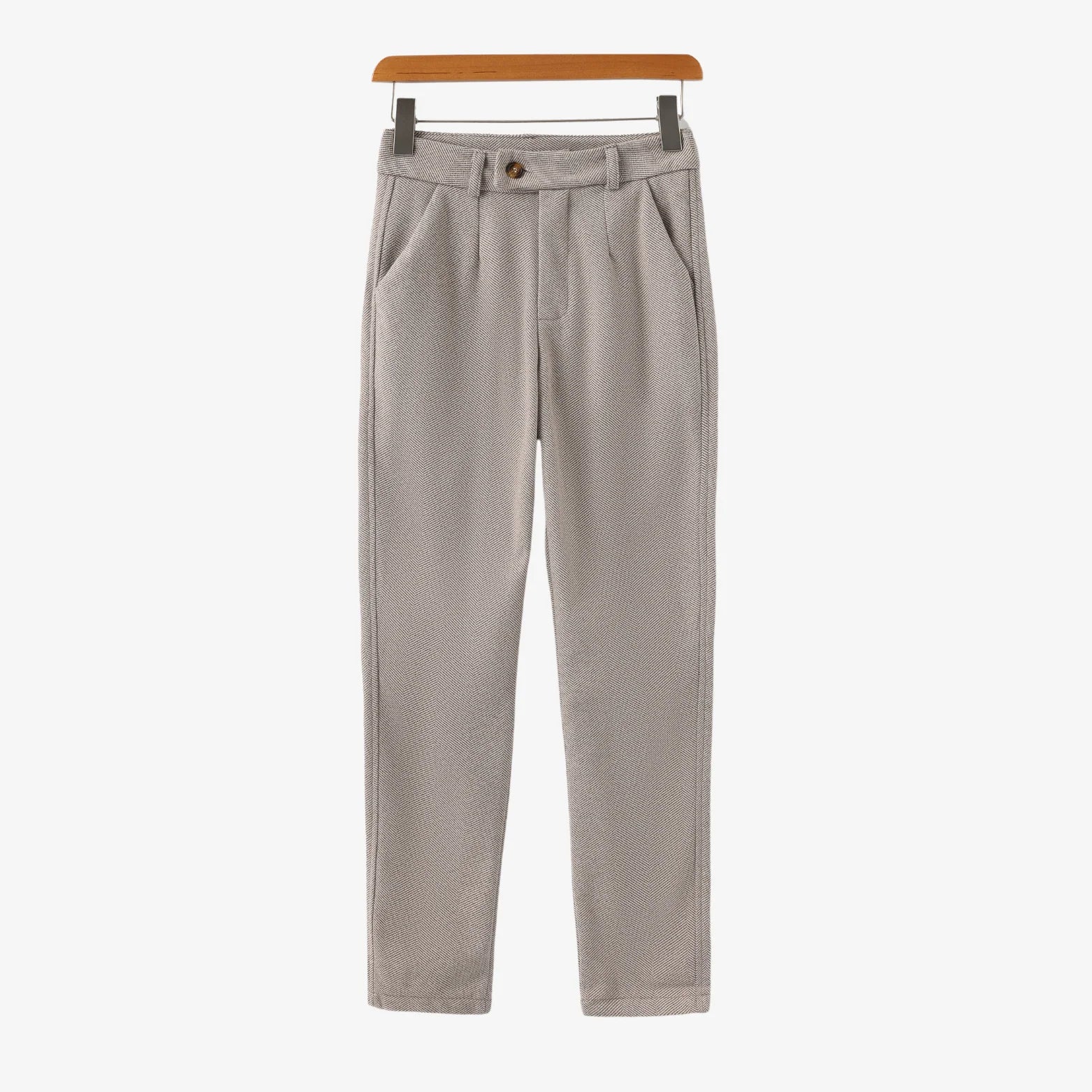 Trousers Herringbone Tapered Mid Rise Button Closure