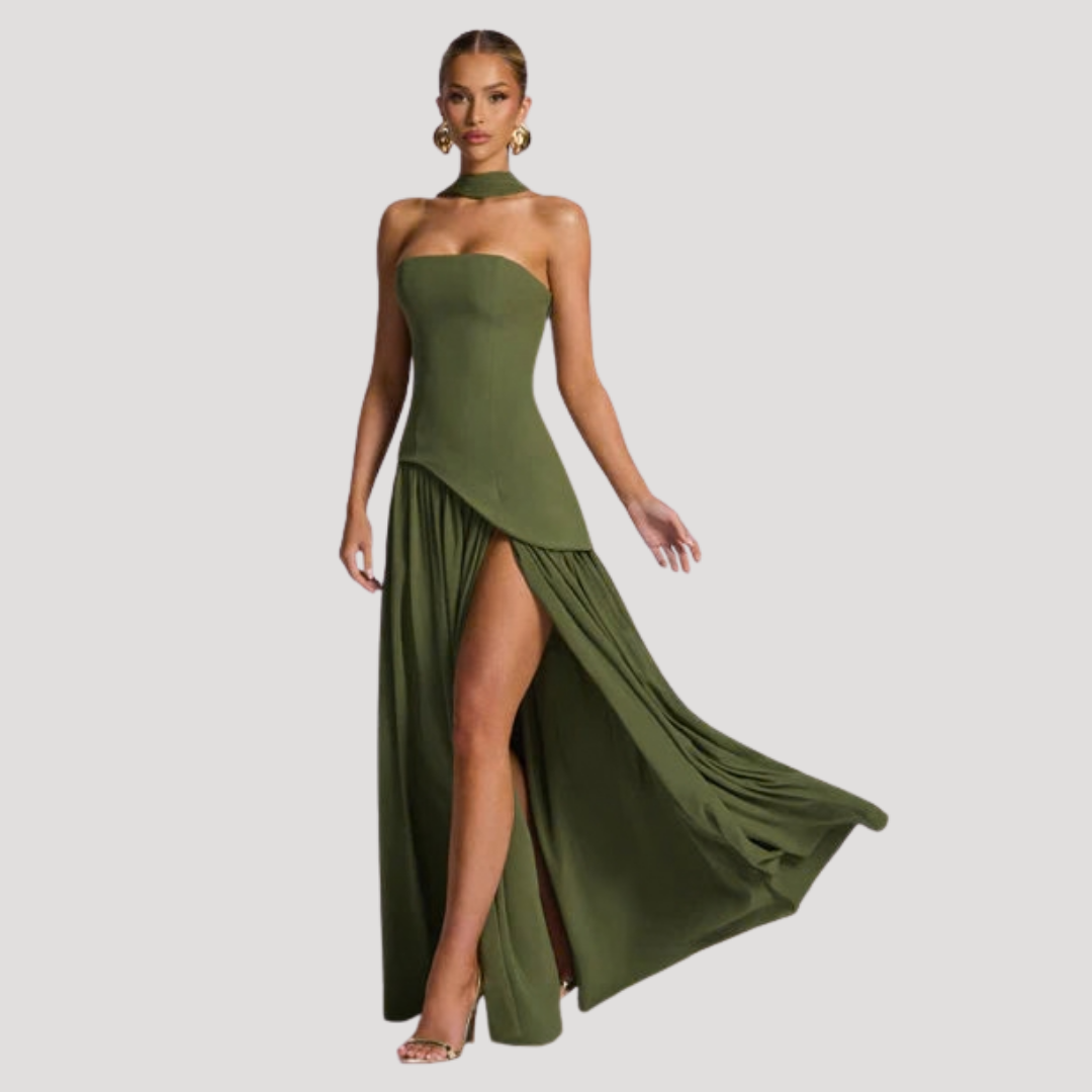 Halter Neck Maxi Dress Women Elegant Slit Formal Evening Dress